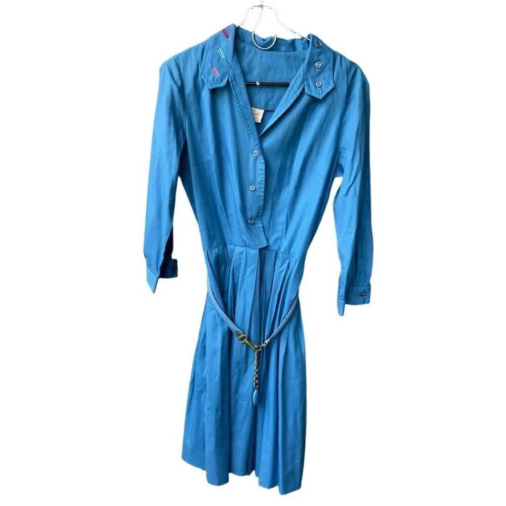 Vintage Sears Mary Lewis size M dress. Med blue poplin Midcentury